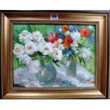 Russian School (20th century), Floral still life studies, two, oil on canvasboard, one signed,
