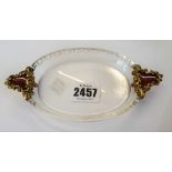 A gold, rose diamond set and red enamel mounted rock crystal oval twin handled trinket dish,