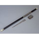 An Anglo Chinese ebony and ivory mounted swagger stick, late 19th/early 20th century,