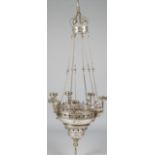 A silvered brass seven branch chandelier of Persian design, 20th century,