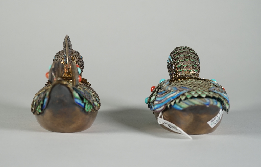 A pair of Chinese gilt enamelled censers and covers, 20th century, each modelled as a mandarin duck, - Image 2 of 8