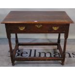 A late 18th century oak single drawer side table, 92cm wide x 72cm high.