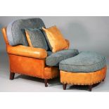Ralph Lauren; a tan leather and blue upholstered easy armchair on tapering square supports,