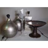 A pair of 20th century silvered metal table lamps of ovoid form, 33cm high,