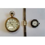 A gilt metal cased, keyless wind, openfaced gentleman's pocket watch,