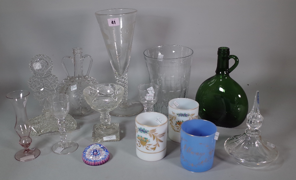 A group of glassware, 19th/20th century, to include a tall `jacobite' type engraved goblet,