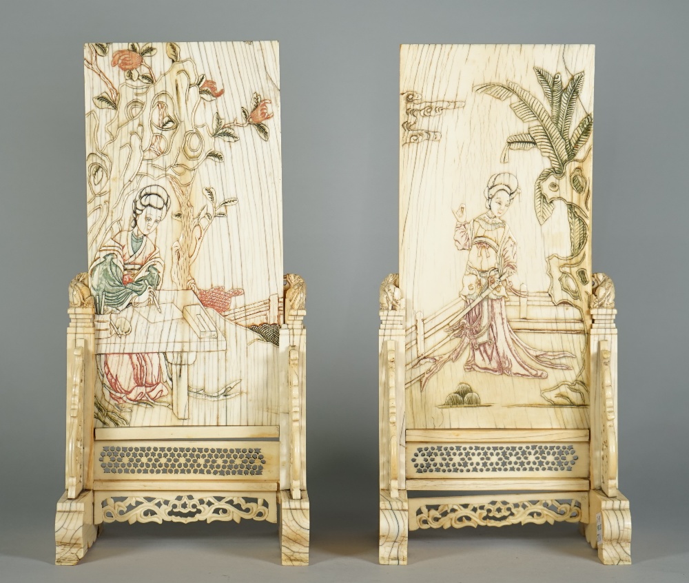 A pair of Chinese ivory table screens and stands, Qing dynasty, - Image 2 of 13