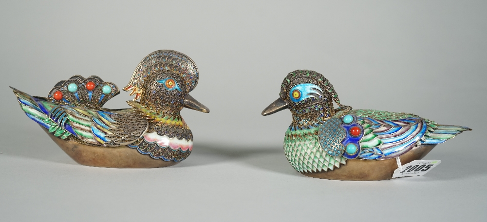 A pair of Chinese gilt enamelled censers and covers, 20th century, each modelled as a mandarin duck,