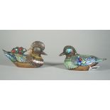 A pair of Chinese gilt enamelled censers and covers, 20th century, each modelled as a mandarin duck,