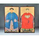 A pair of Chinese ancestor portraits, 19th century, ink and colour on paper,