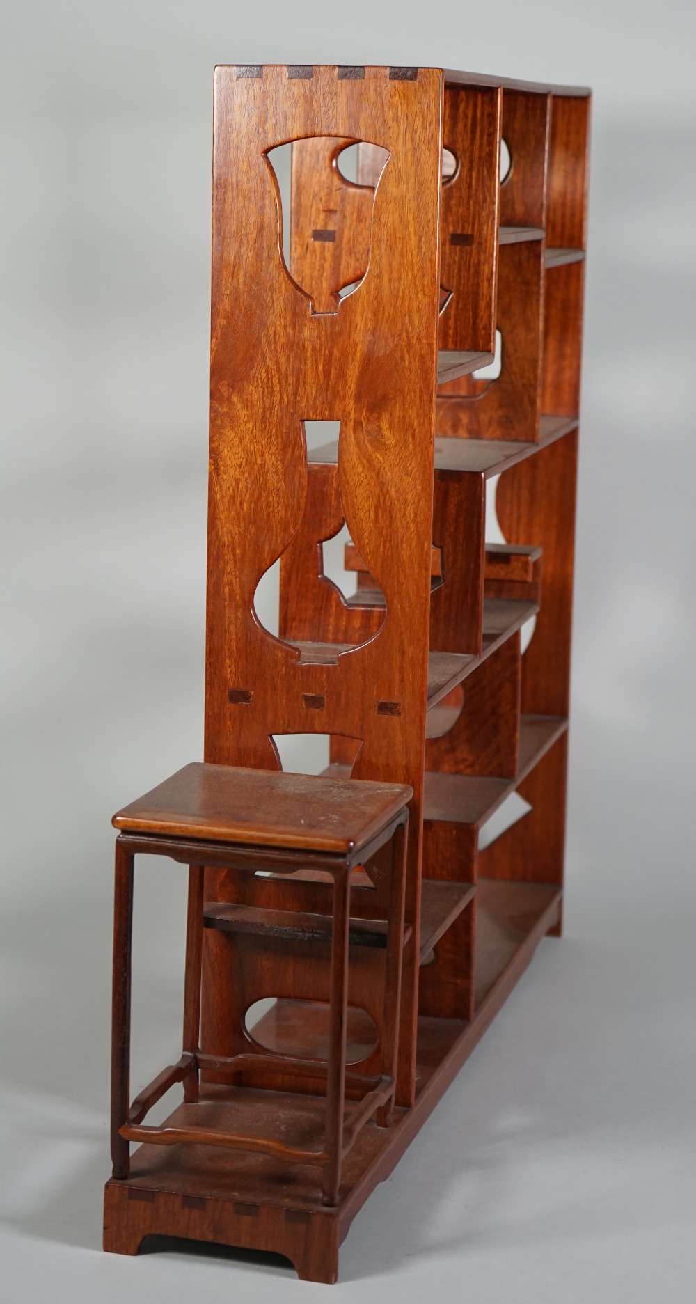 A pair of Chinese hardwood shelves, late 19th/early 20th century, 51cm high by 50cm at widest point, - Image 3 of 5