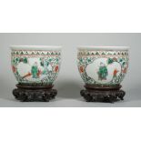 A pair of small Chinese famille-verte jardinieres, circa 1900,