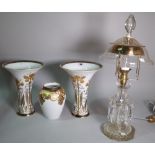 Handgemalt, Classic Rose, a pair of porcelain vases, with gilt decoration, 22cm wide x 28cm high,