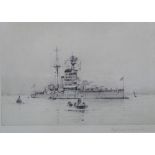 Rowland Langmaid (1897-1956), Warship, etching, signed in pencil, 16cm x 25cm.