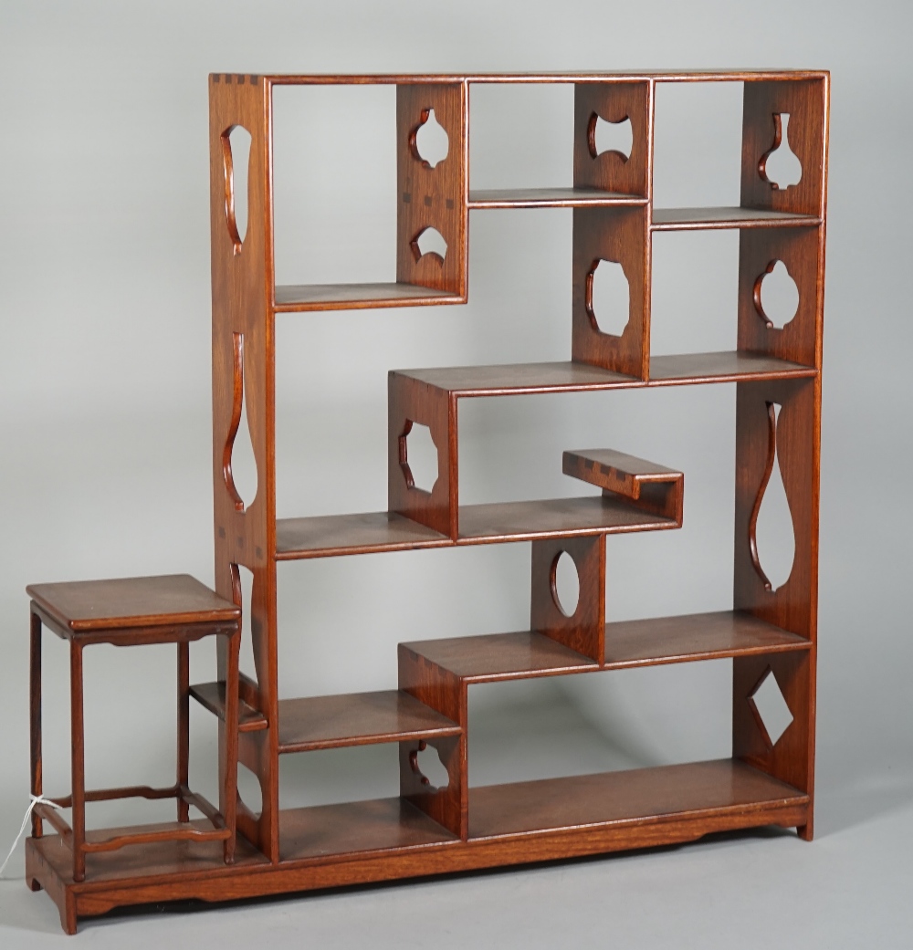 A pair of Chinese hardwood shelves, late 19th/early 20th century, 51cm high by 50cm at widest point, - Image 2 of 5