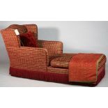 A 20th century wingback chaise longue upholstered in Mulberry raspberry stone check,