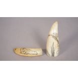 Two late 19th century scrimshaw whales teeth, each decorated in black ink,