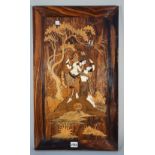 An Indian wood and inlaid rectangular panel, 20th century, depicting two lovers beneath a tree,