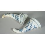 A pair of Worcester blue and white cornucopia wall pockets, circa 1757-60,