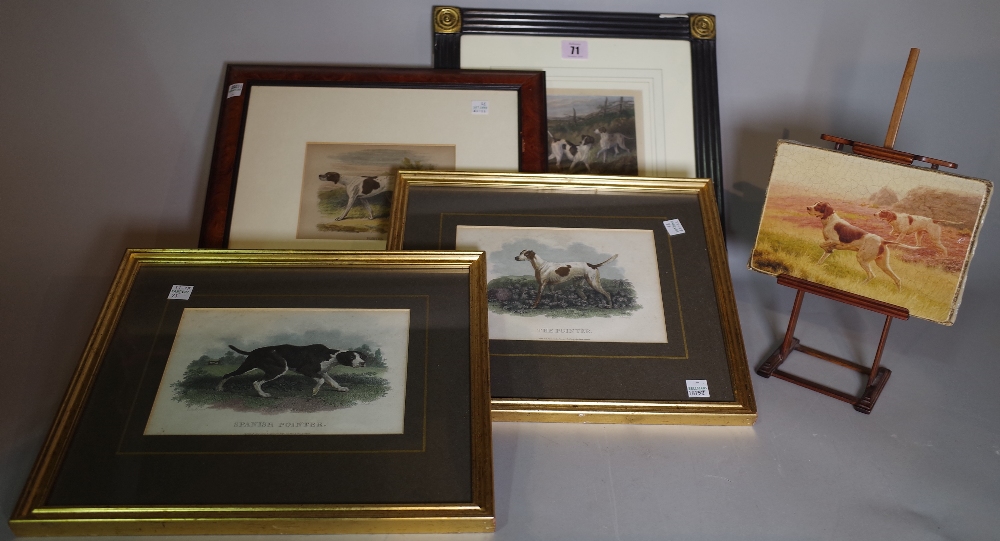 A group of four 20th century reproduction prints of pointers and an oil depicting a pointer, (5).