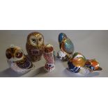 A group of five Royal Crown Derby imari pattern paperweights, comprising; two owls,