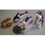 A group of five Royal Crown Derby imari pattern paperweights, comprising; terrapin, snail, dolphin,
