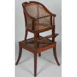 A Regency mahogany and cane tub back child's chair and stand, 47cm wide x 89cm high.