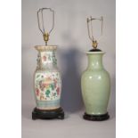 A modern Chinese celadon vase table lamp on a wooden base and a Chinese famille rose vase table