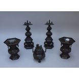 A garniture of Asian bronzes, Chinese or Japanese, circa 1900,