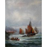 Manner of William Thornley, Shipping off the coast, a pair, oil on canvas, each bear a signature,