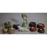 Asian interest, collectables including; hardwood vase stands, enamel pots,