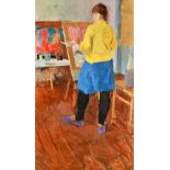 Russian School (20th century), Artist at her easel, oil on canvas, indistinctly signed, unframed,