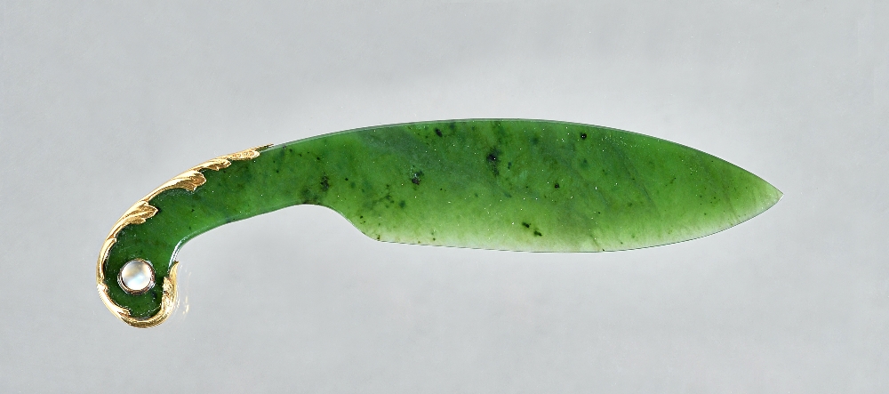A gold mounted nephrite paper knife, the handle with an applied gold mount,
