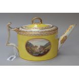 A Derby porcelain yellow ground topographical oval teapot and cover, circa 1795,