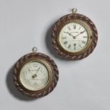 A circular oak rope-twist carved wall timepiece and ensuite aneroid barometer Signed Cox & Coombes,