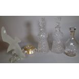 Glassware, including; a Luxor World desk clock by Garrard & Co, a pair of decanters,