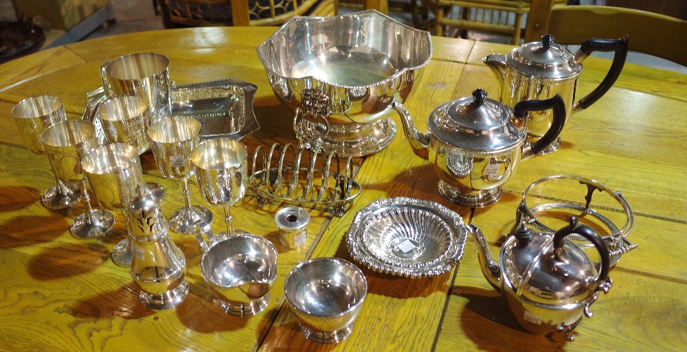 Plated wares, comprising; punch bowl, entree dish, tea pot, coffee pot, six goblets and sundry,