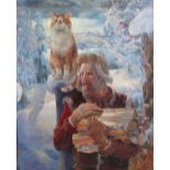 Russian School (20th century), Wood gatherer and cat, oil on canvas, signed,