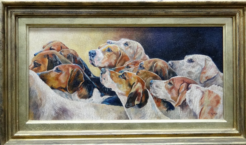 Glynis Mills (20th century), Silverton Foxhounds, oil on canvasboard, signed, 19cm x 39.5cm.