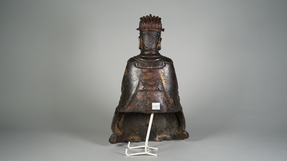 A Chinese bronze figure of a dignitary, Ming dynasty, seated in meditation with hands clasped, - Image 6 of 7
