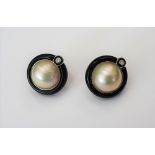 A pair of black jade, diamond and cultured pearl earclips,