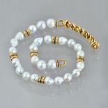 A grey baroque pearl and calibre cut sapphire set yellow precious metal bead necklace,