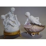 A 20th century bisque figure of three cherubs on gilt metal base and another on a shell base,