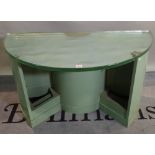 A mid-20th century green painted pine bowfront low console table with frosted silvered glass top,