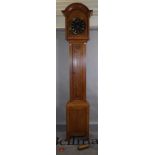 A 20th century oak longcase clock with black painted dial, 43cm wide x 230cm high,