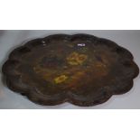 A Victorian tôle peinte tray foliate decorated with scalloped rim, 77cm wide,