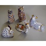 A group of five Royal Crown Derby imari pattern paperweights, comprising; a ram, a donkey foal,