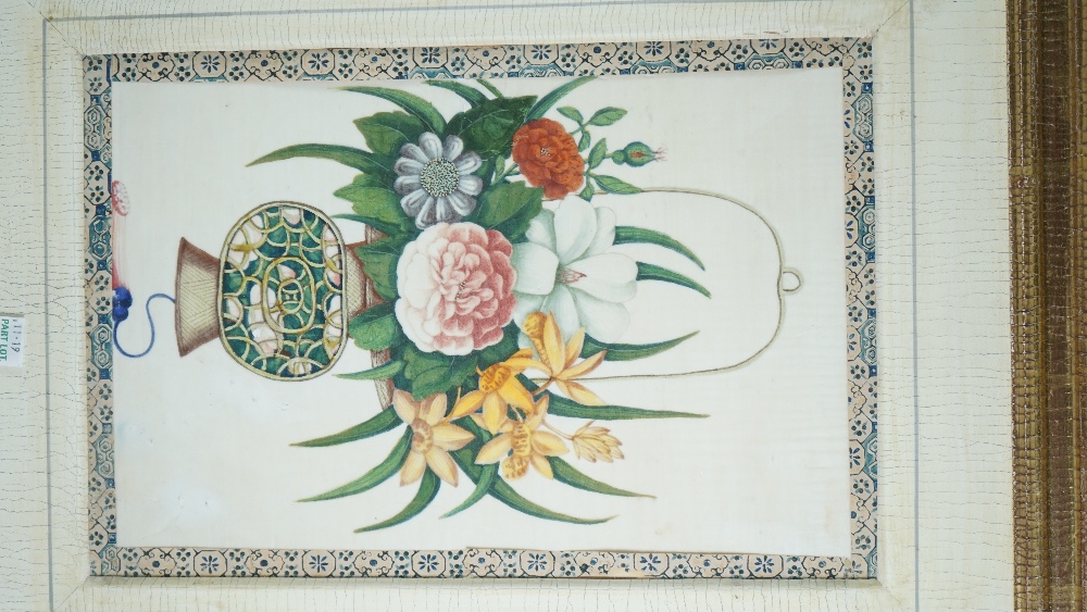 A pair of Chinese paintings on rice paper, 19th century, each painted with a basket of flowers, - Image 2 of 3