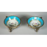 A matched pair of Sevres-style gilt metal mounted saucers, 19th century,