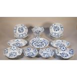 A Meissen 'Onion' pattern dessert service, late 19th century, comprising; a comport, 15.